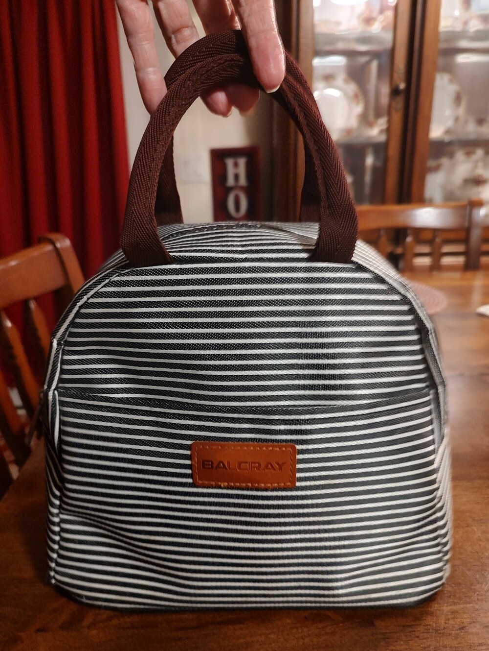 Balcray Striped Lunch Tote with Brown Handles
